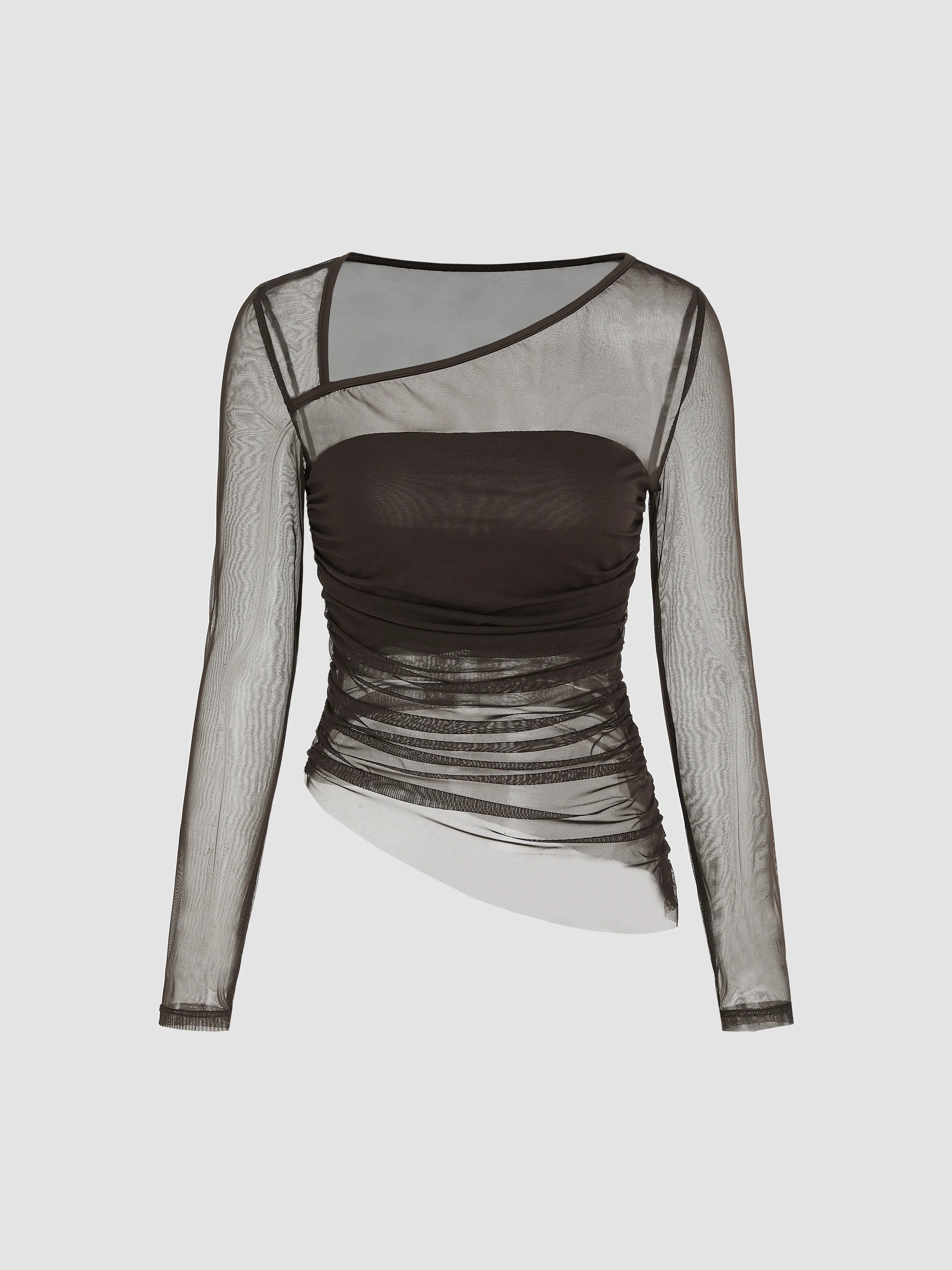 Mesh Asymmetrical Neck Long Sleeve Top