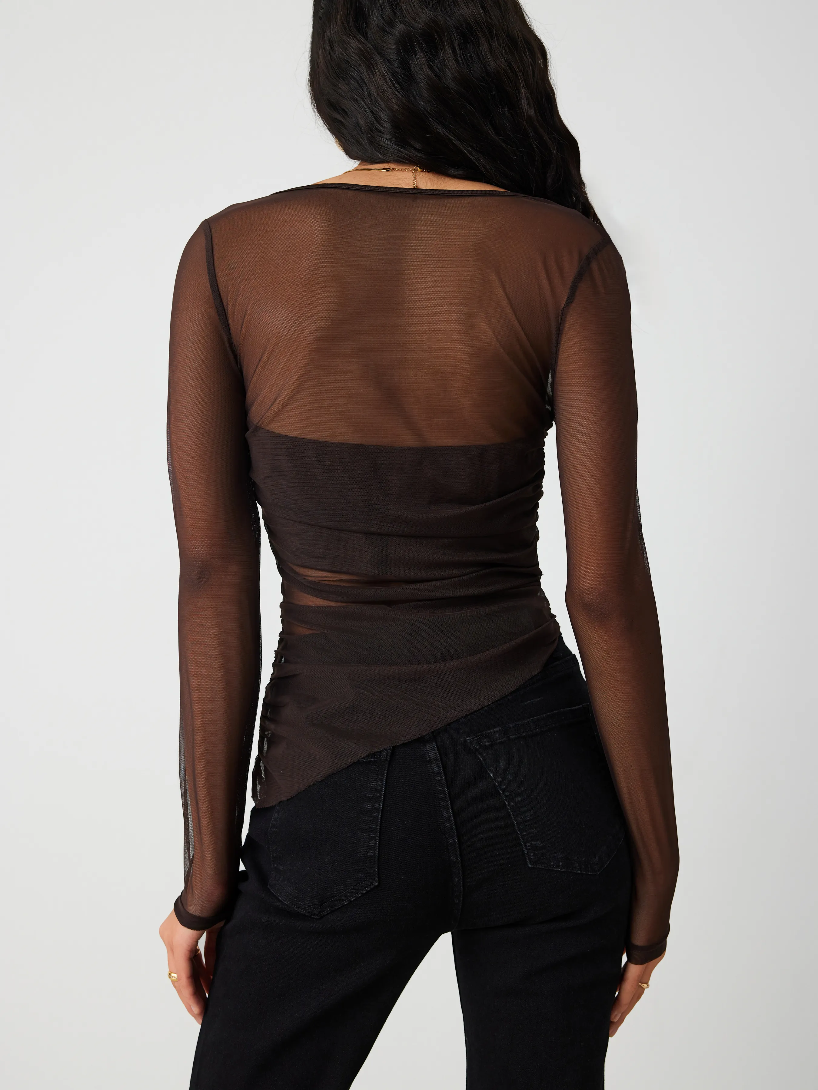 Mesh Asymmetrical Neck Long Sleeve Top
